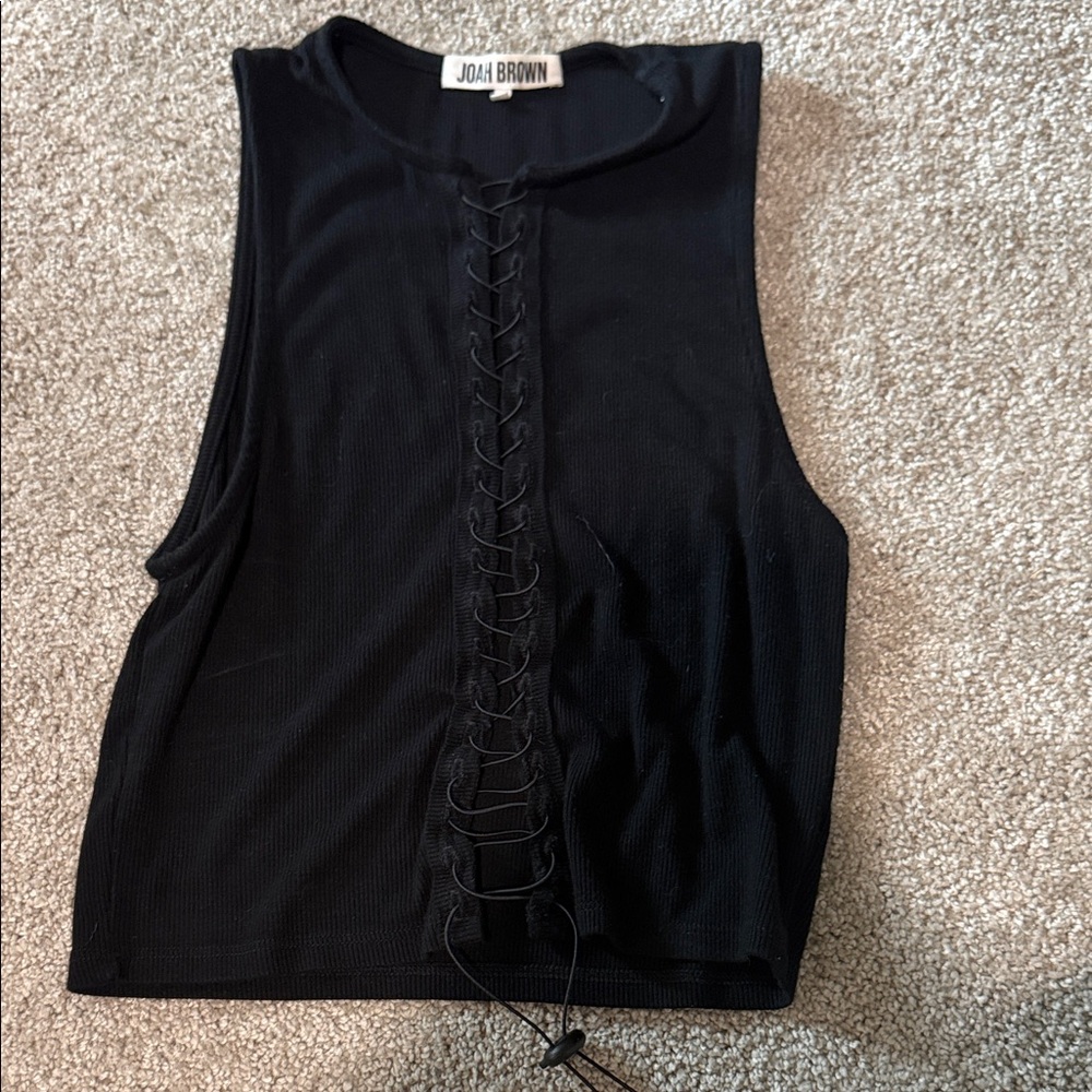 Joah Brown Black Ribbed Lace-Up Sleeveless Tank